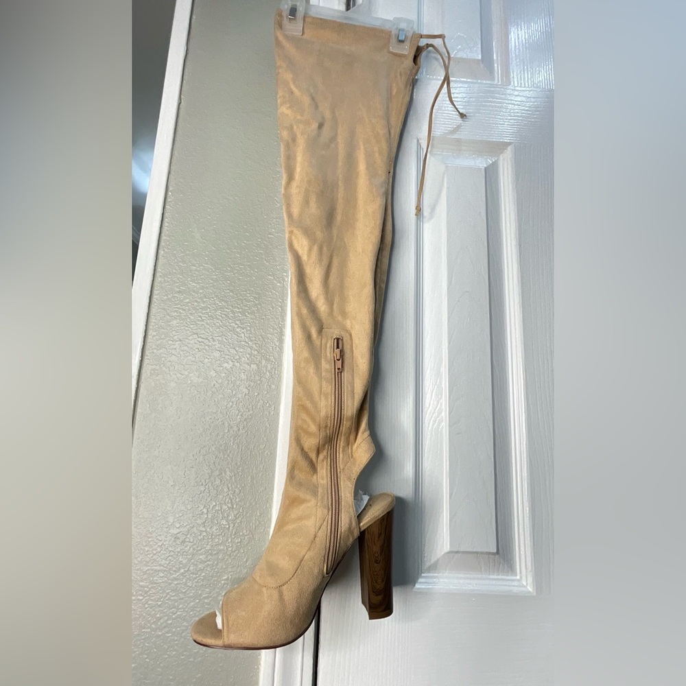 Liliana Tan Over-the-Knee Peep-Toe Heeled Boots